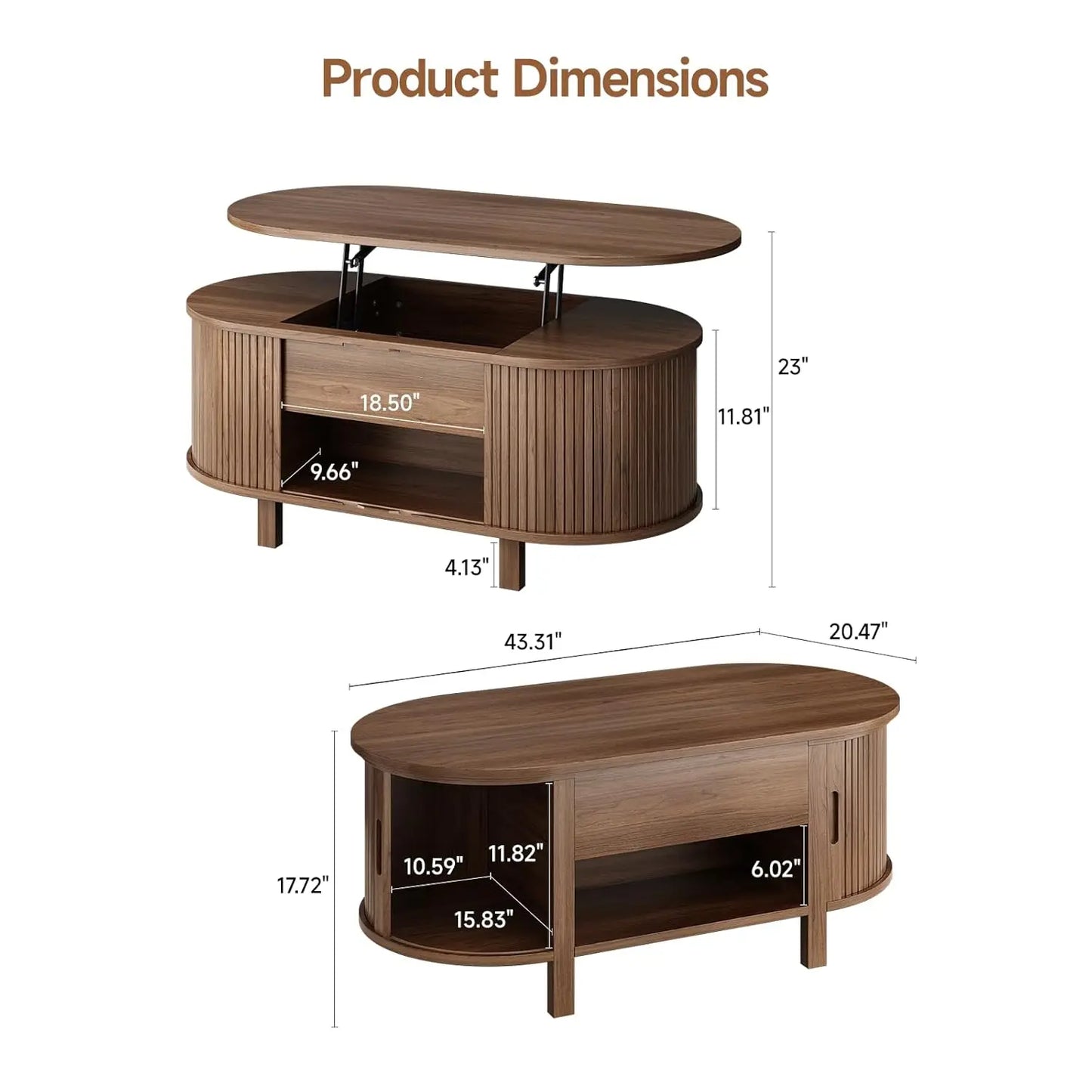 43.3" Oval Lift Top Coffee Table with Sliding Door