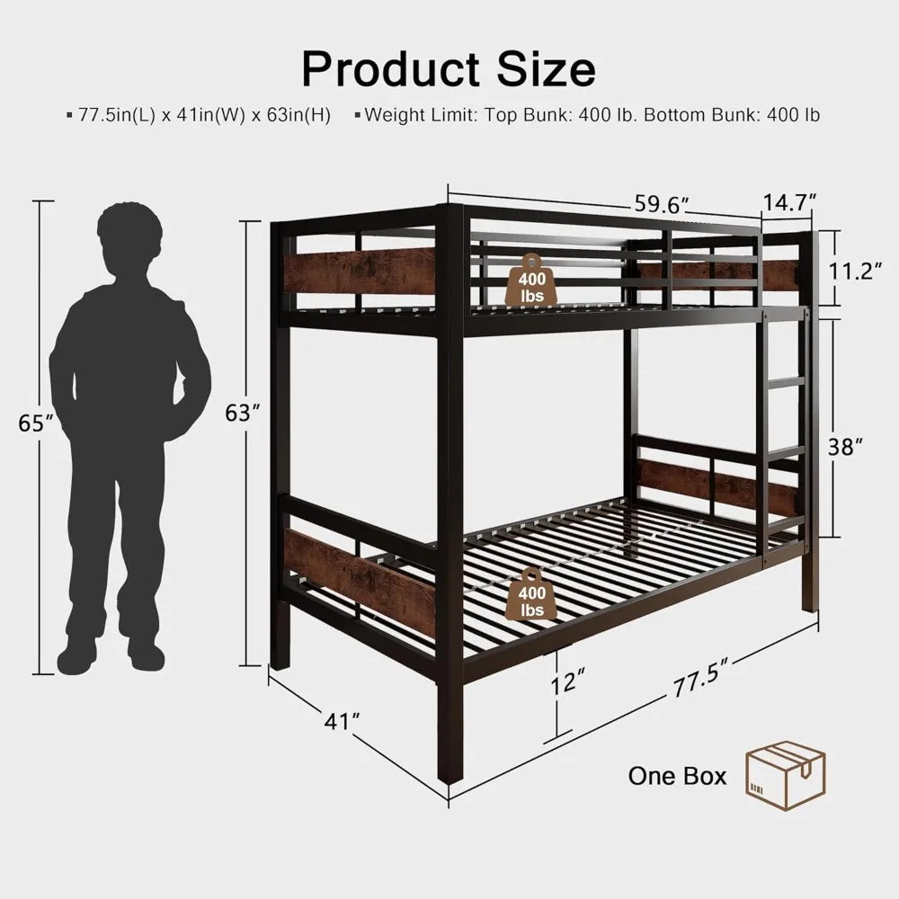 Heavy Duty Metal Bed with Ladder and Full-Length Guardrail