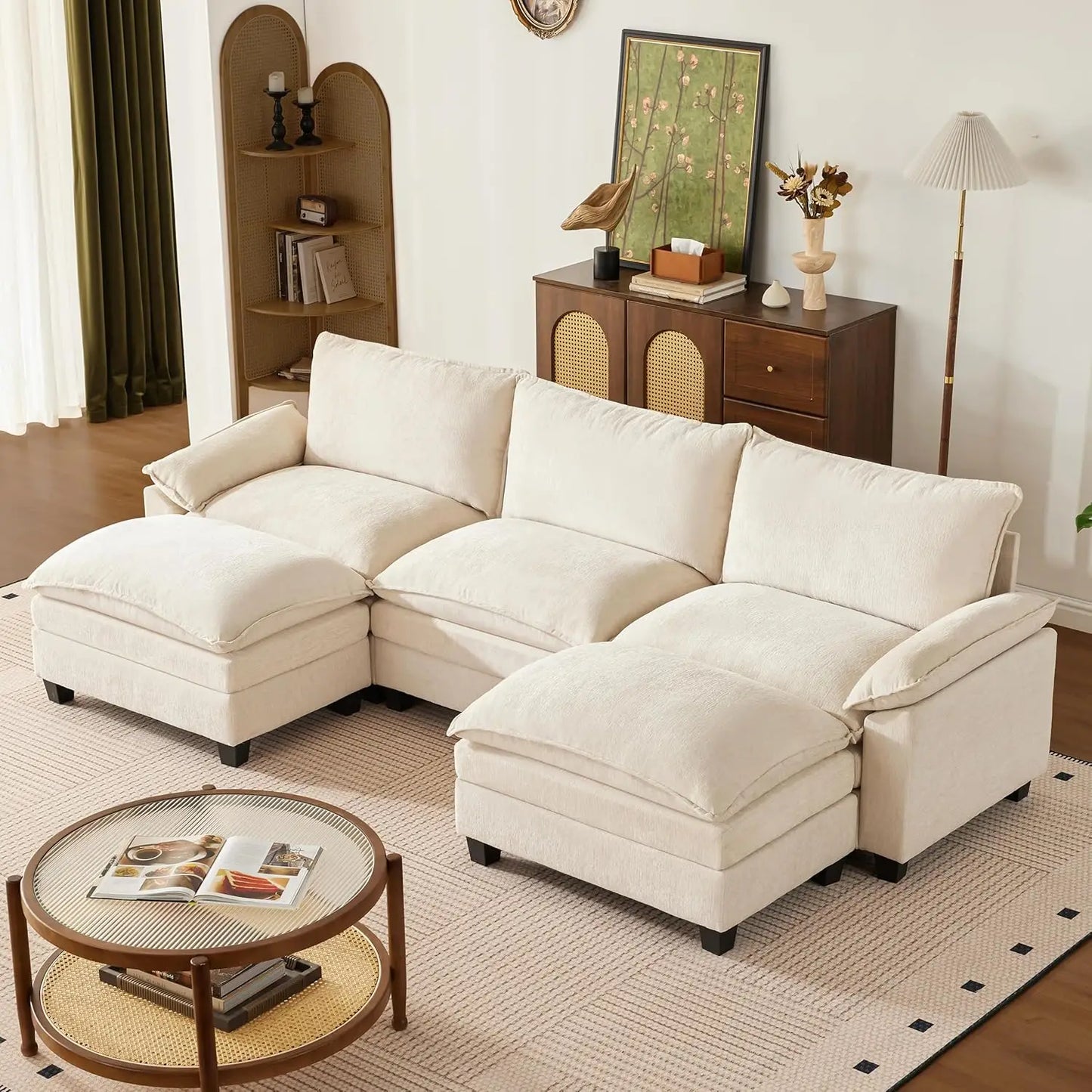 114 Inch L Shaped 4 Seat Sectional Sofa with Ottoman