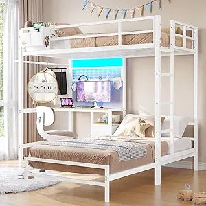 L-Shaped Metal Bunk Bed with Led Lights & Storage Shelves and Drawers