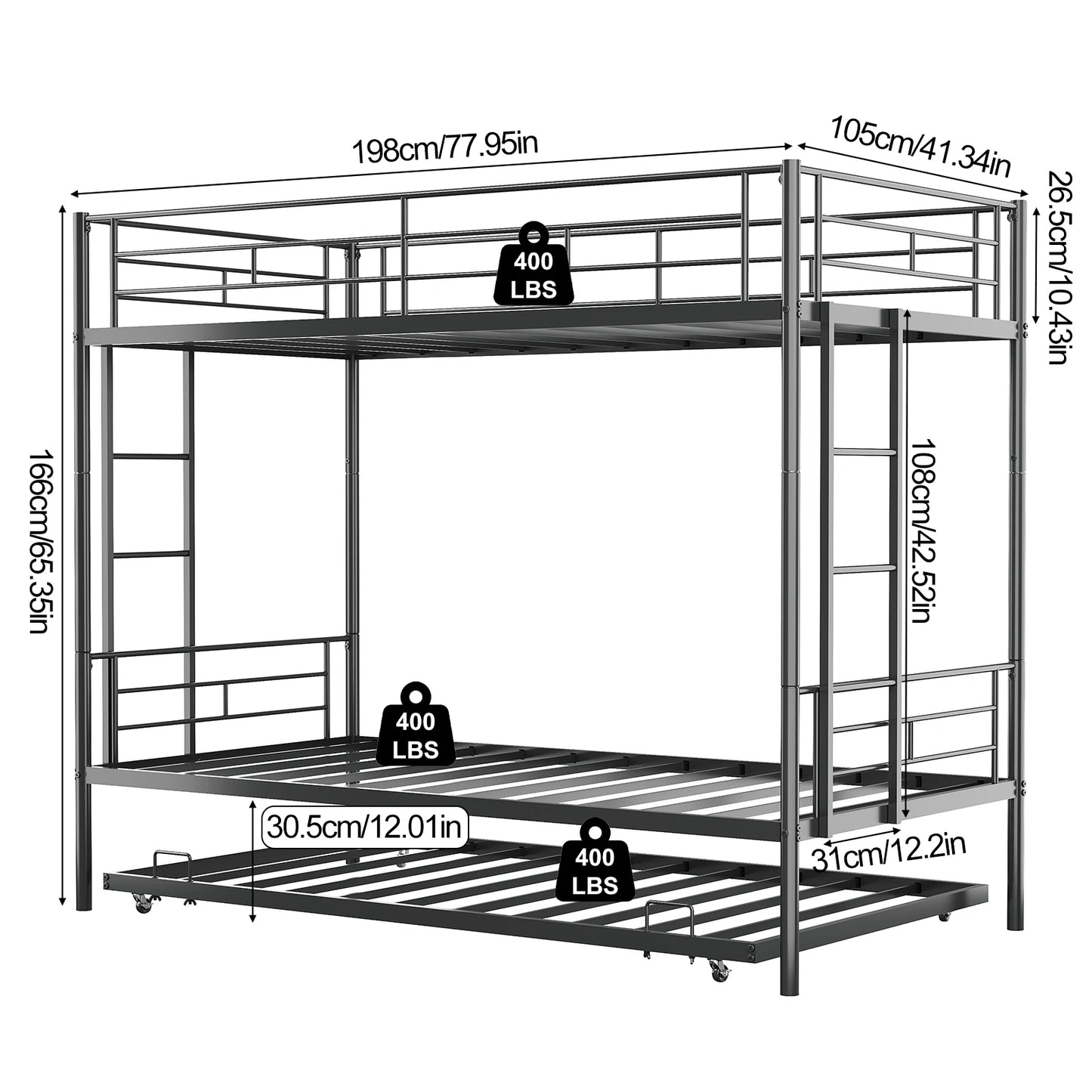 Twin Bunk Bed Frame with Ladder, Safety Rails
