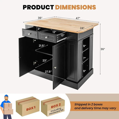 Kitchen island with 2 drawers, 5 adjustable shelves and spice rack