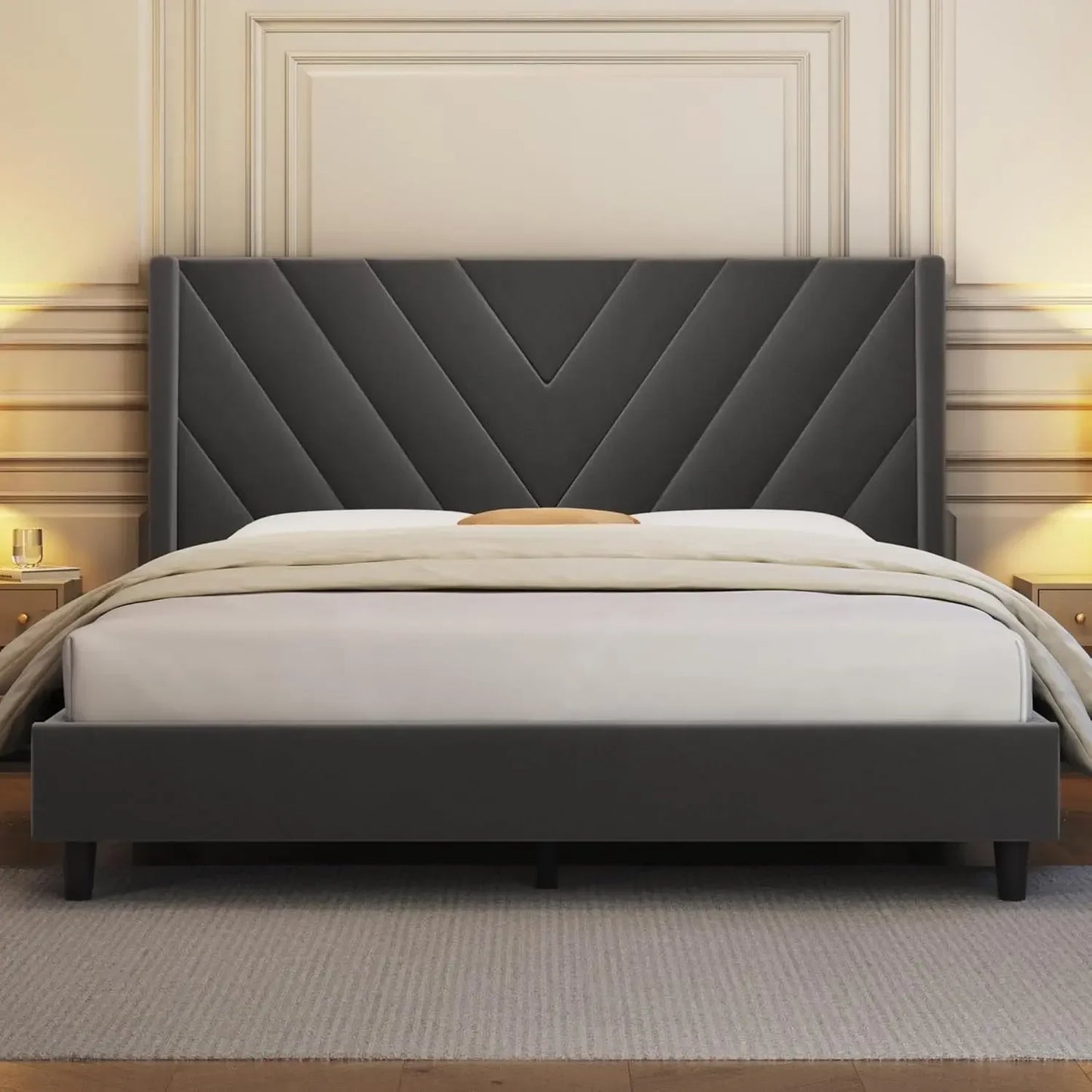Bed Frame Upholstered Platform Bed with Tufted Headboard
