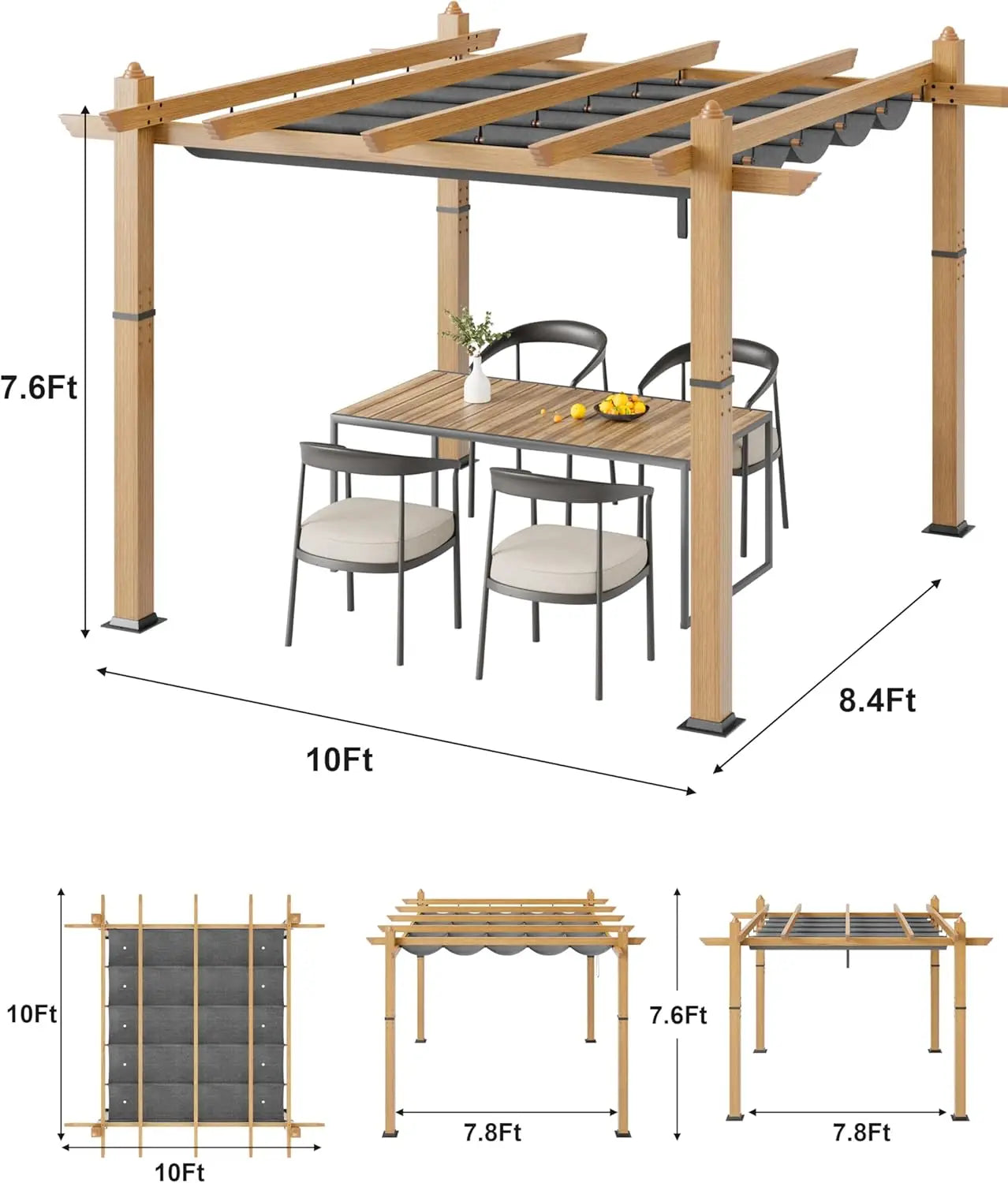 10X10FT 10X13FT Outdoor Pergola with Retractable Canopy