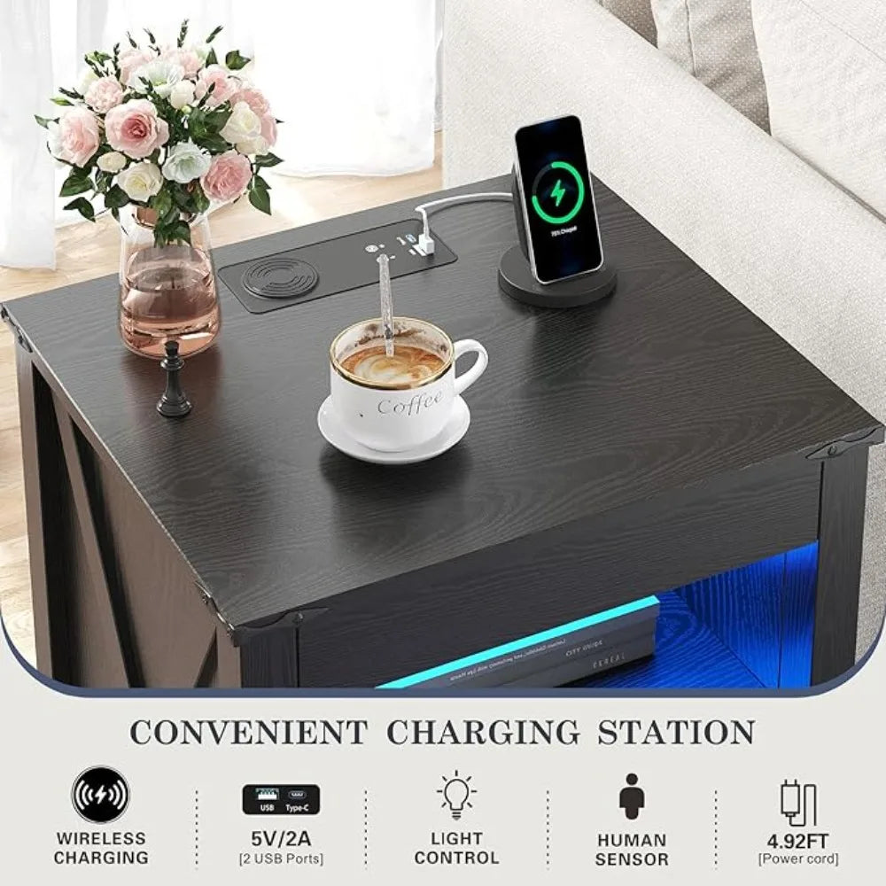 Bedside Tables with Charging Station LED Lighting