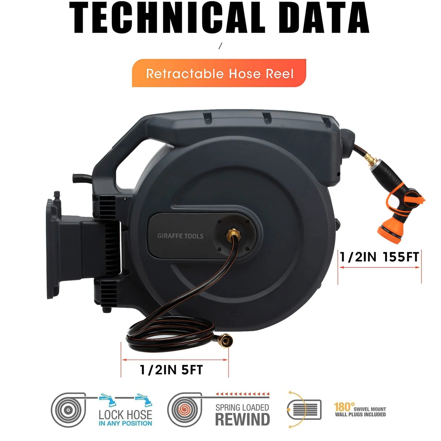 Heavy Duty Retractable Garden Hose Reel with Any Length Lock