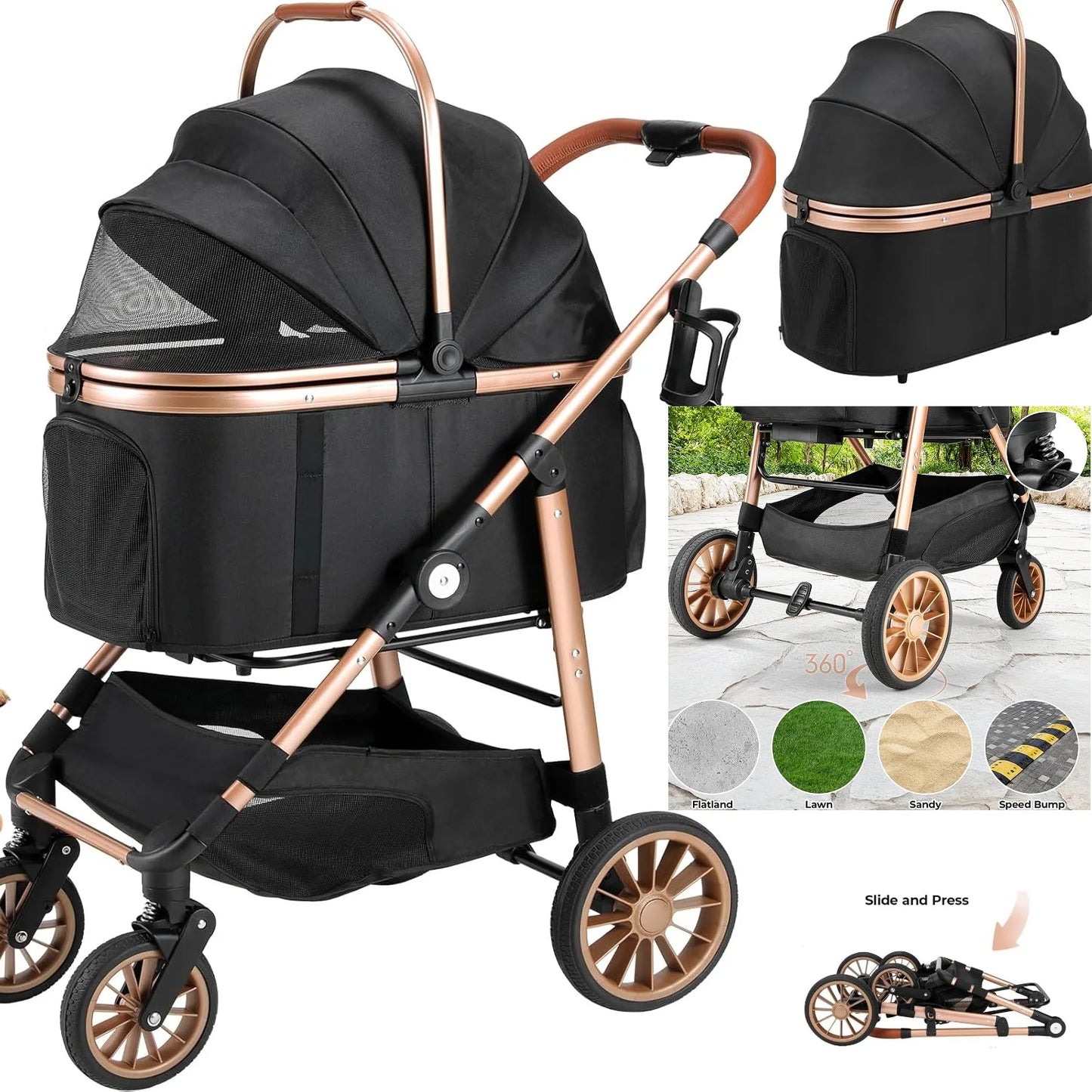 360° Rubber Wheels and Shock Absorption Dog Buggy
