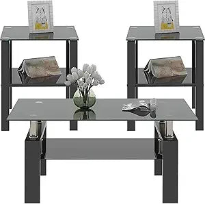 3 Piece Black Glass Coffee Table Set
