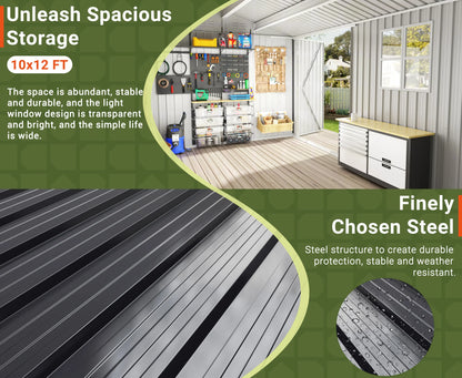10x12 FT Outdoor Metal Storage Shed with Heavy-Duty Frame