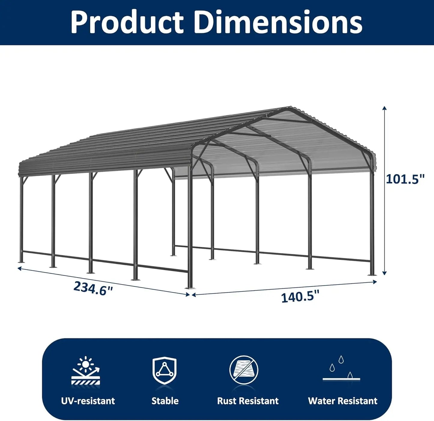 10x15~20x40FT Multi-Size Metal Carport with sturdy base