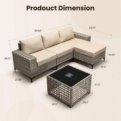 5Pcs Conversation Patio Furniture Set with Solar Lamp