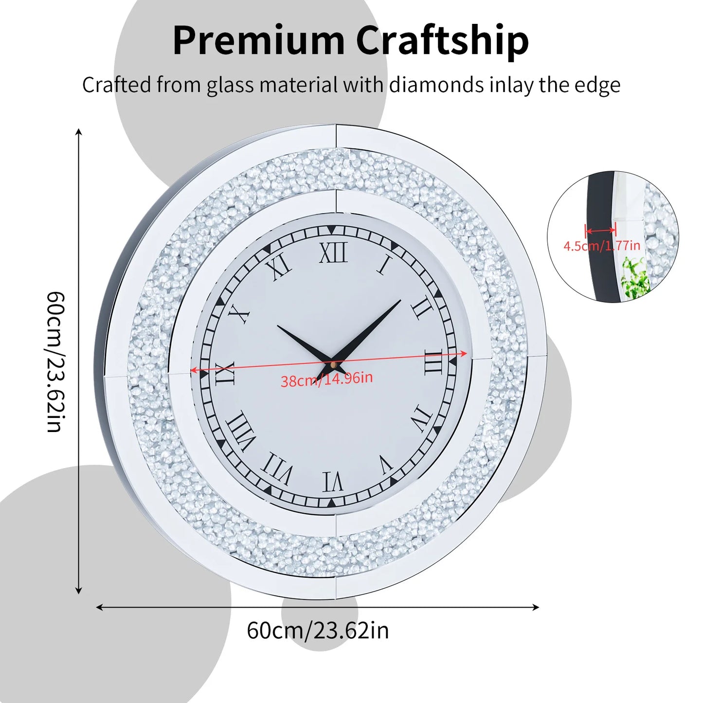 Crush Diamond Mirrored Wall Clock for Wall Decoration