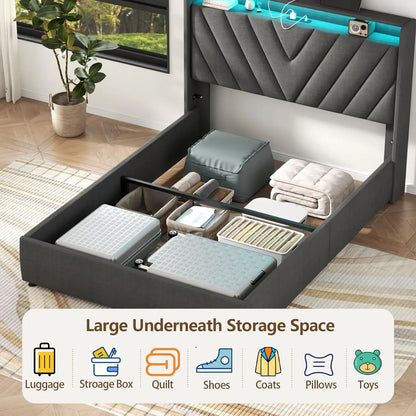 Full Lift Up Bed Frame with Charging Station & LED Lights