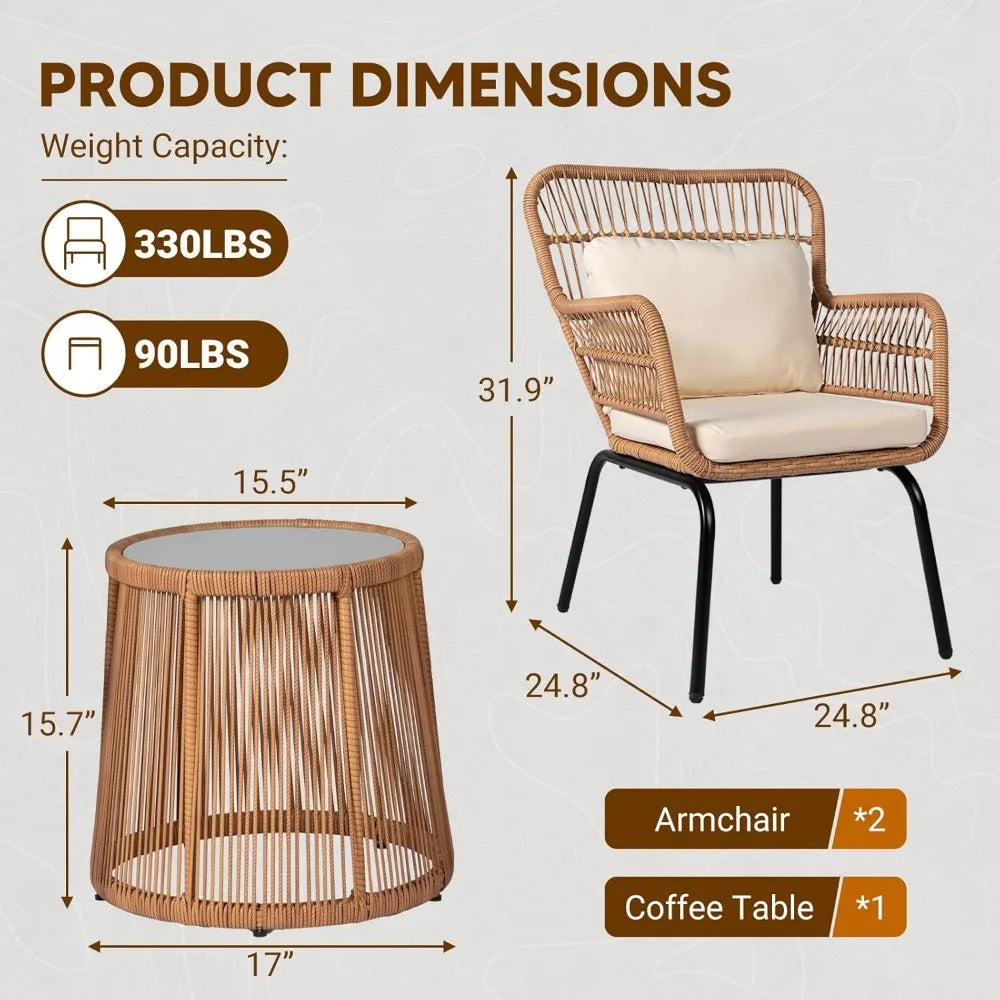 3 Piece Outdoor Wicker Bistro Set, and Tempered Glass