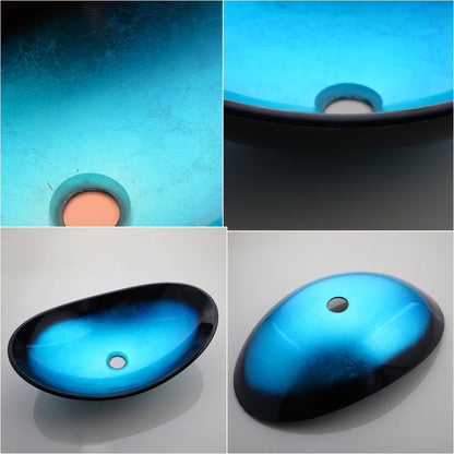 Tempered Glass Washbasin Vessel Sink with Black Waterfall Faucet