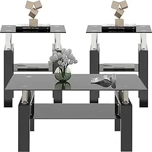 3 Piece Black Glass Coffee Table Set