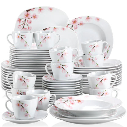 60-Piece White Ceramic Floral Porcelain Plate Set