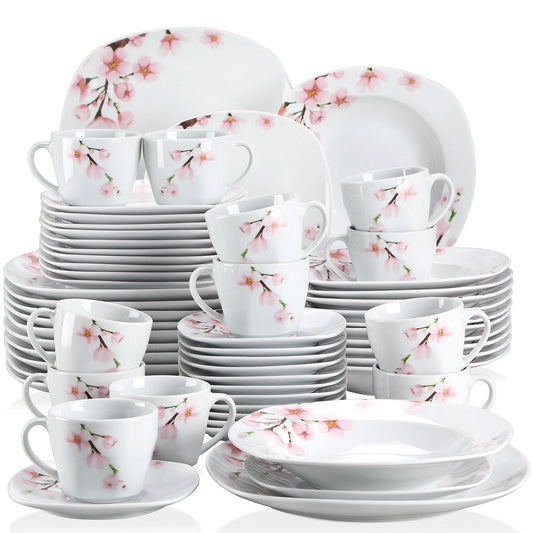 60-Piece White Ceramic Floral Porcelain Plate Set