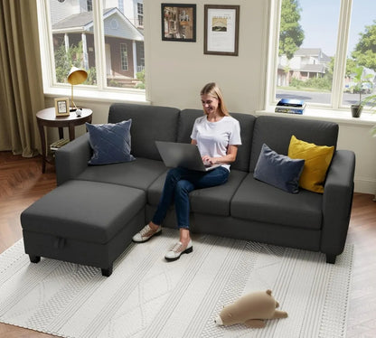 78''L Shaped Dark Grey 3-Seater Convertible Sofas