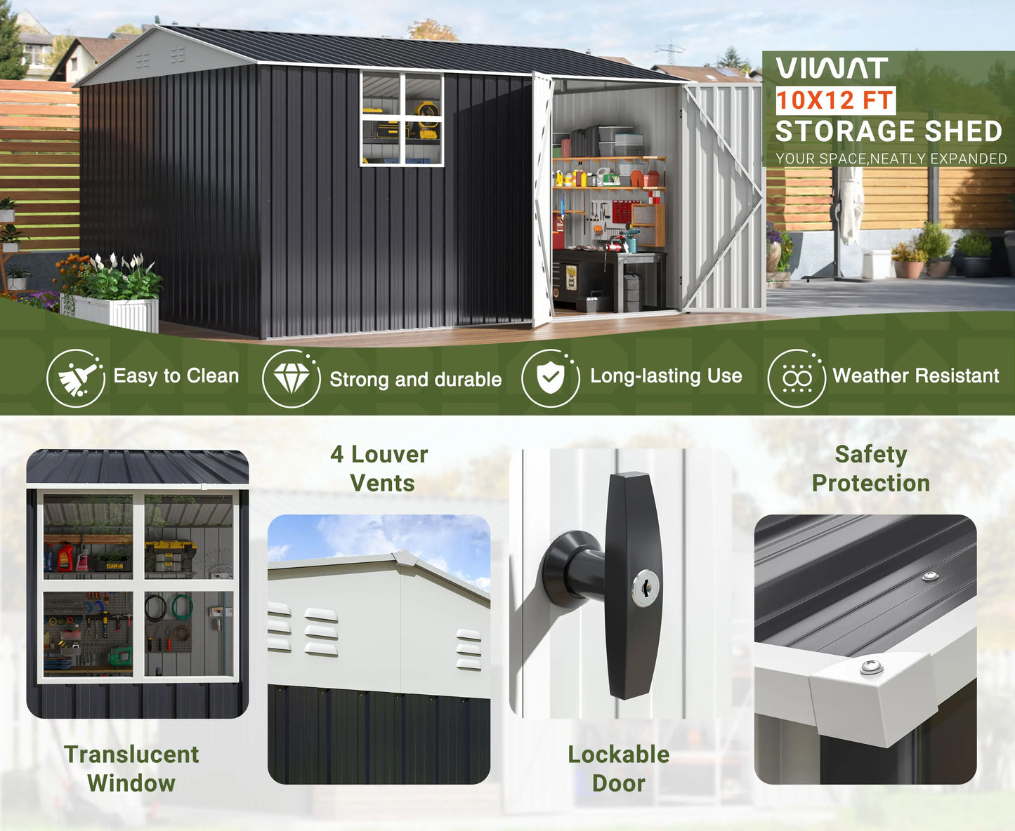 10x12 FT Outdoor Metal Storage Shed with Heavy-Duty Frame