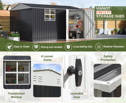 10x12 FT Outdoor Metal Storage Shed with Heavy-Duty Frame