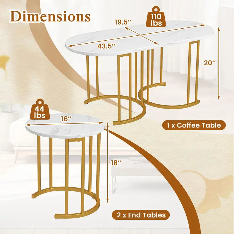 Set of 3 Coffee Table with Marble top