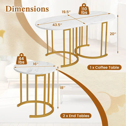 Set of 3 Coffee Table with Marble top