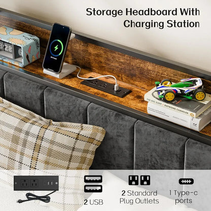 Metal Platform Bed Frame, Storage Headboard