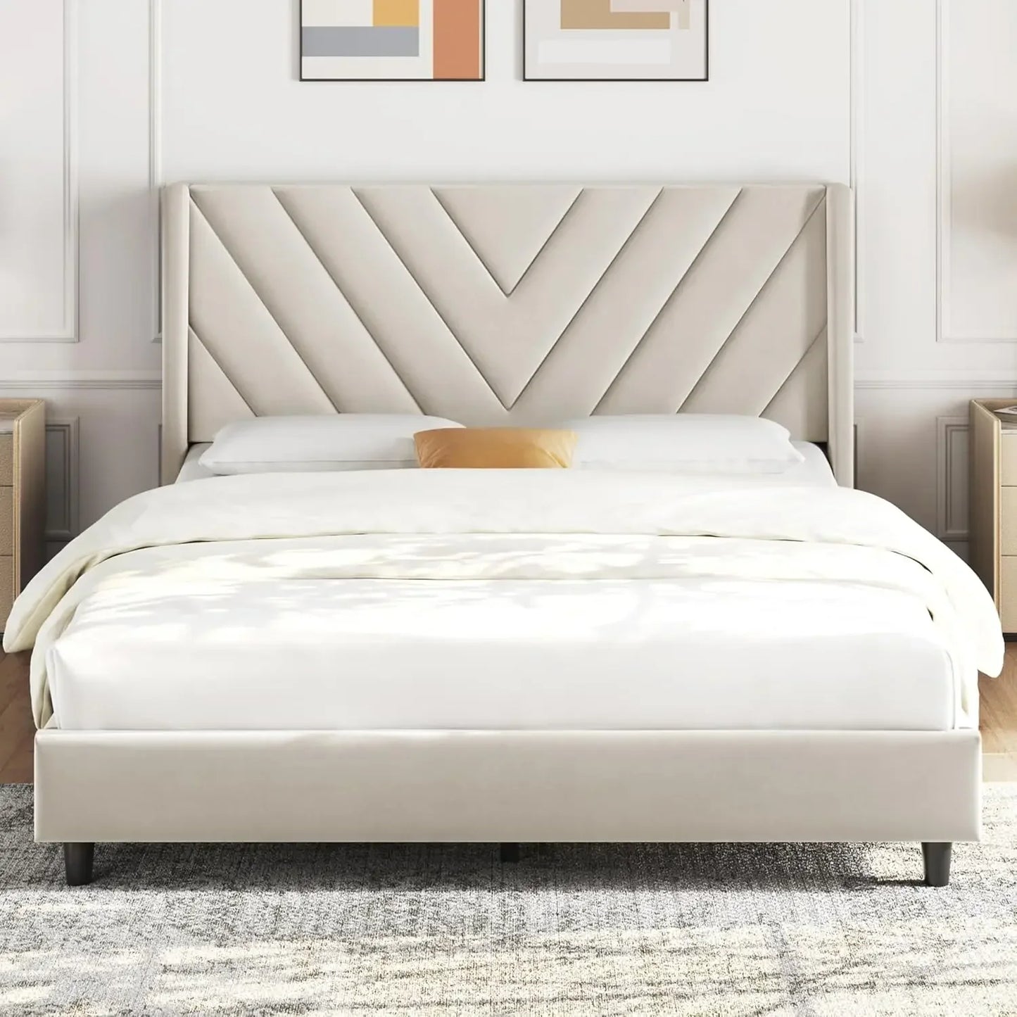 Bed Frame Upholstered Platform Bed with Tufted Headboard