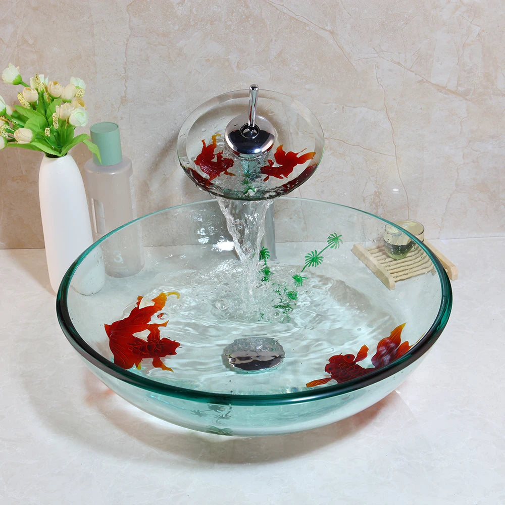 Tempered Glass Bathroom Basin Sink Faucet Combo set
