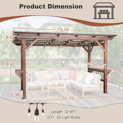 13' x 6.5' Wooden Pergola Gazebo with Metal Roof