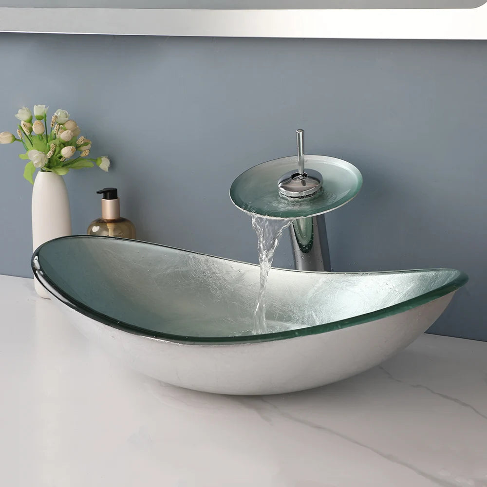 Tempered Glass Washbasin with Waterfall Faucet
