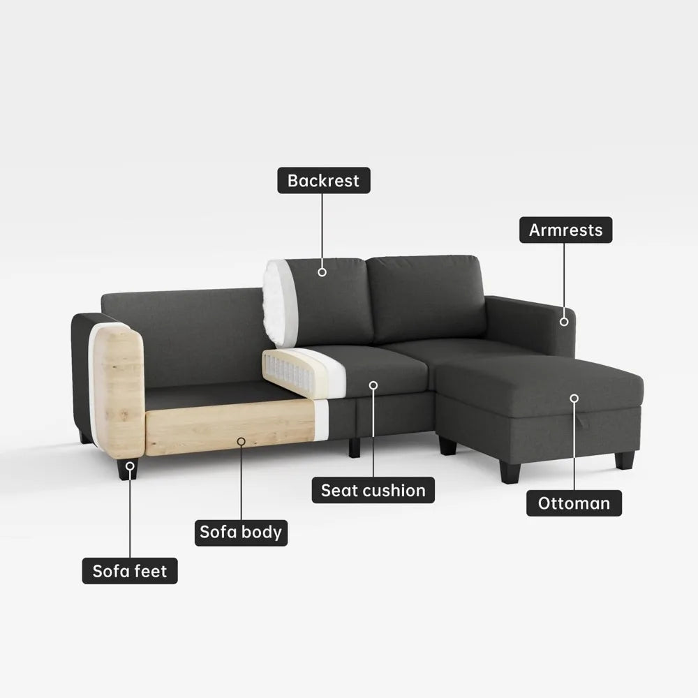 78''L Shaped Dark Grey 3-Seater Convertible Sofas