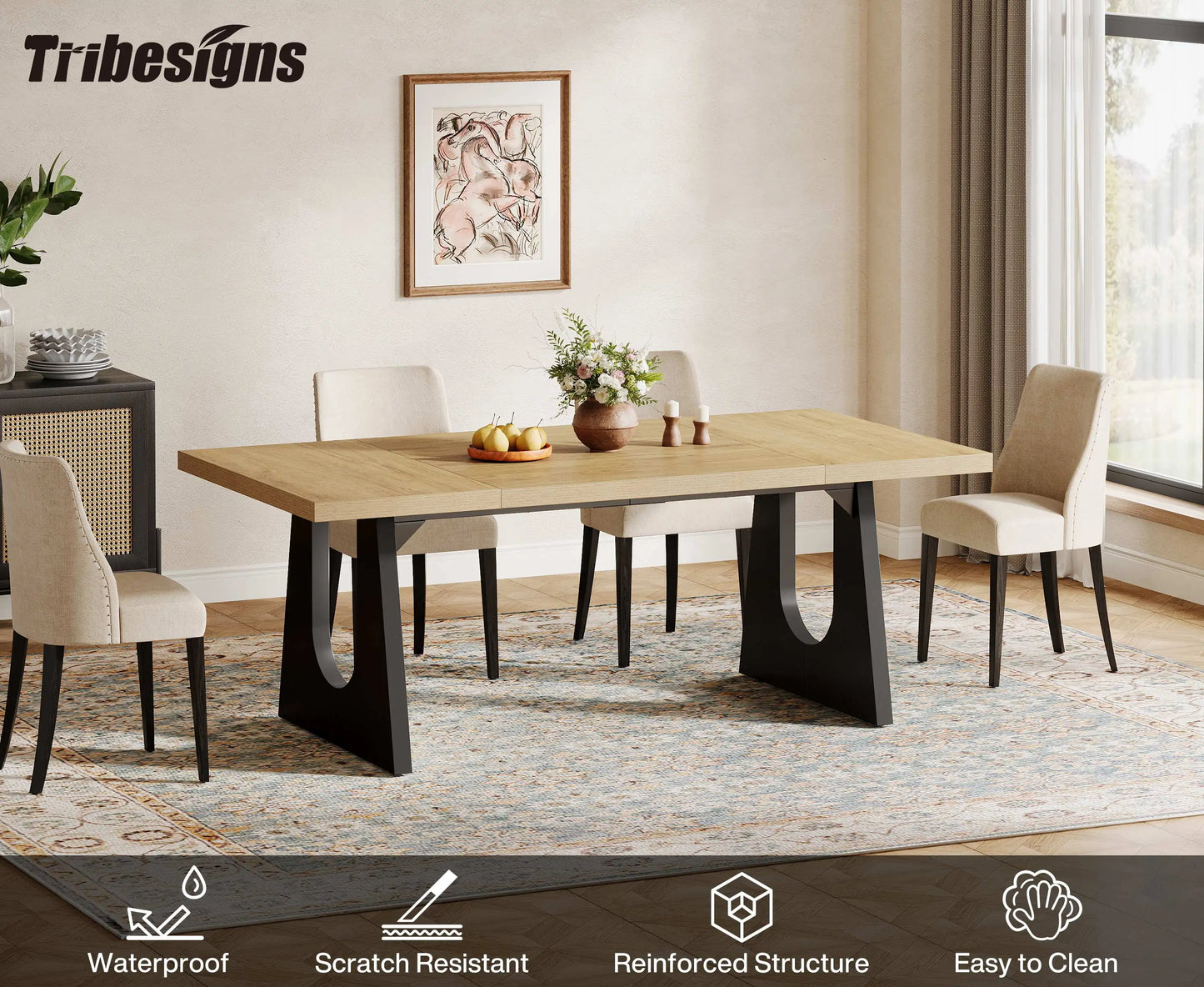 70.9-Inch Wood Rustic Rectangular Table with Black Wooden Legs