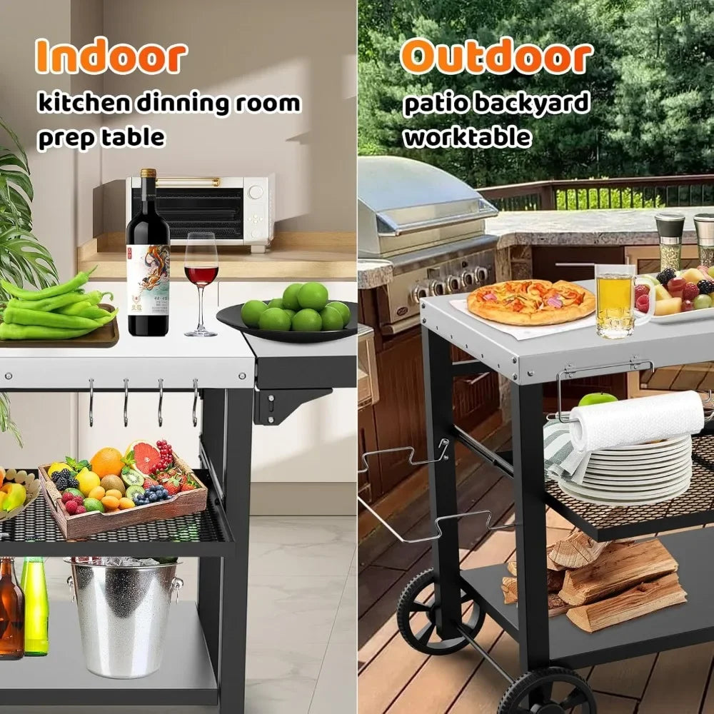 Movable 3-Shelf Prep Table with Side Table