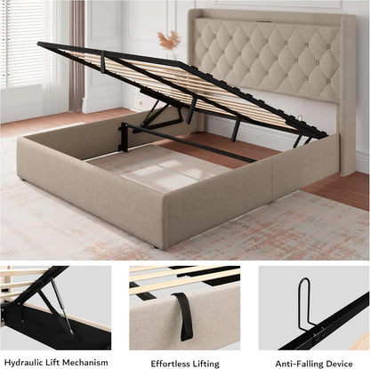 Queen Size Lift Up Storage Bed Frame with Charging Station