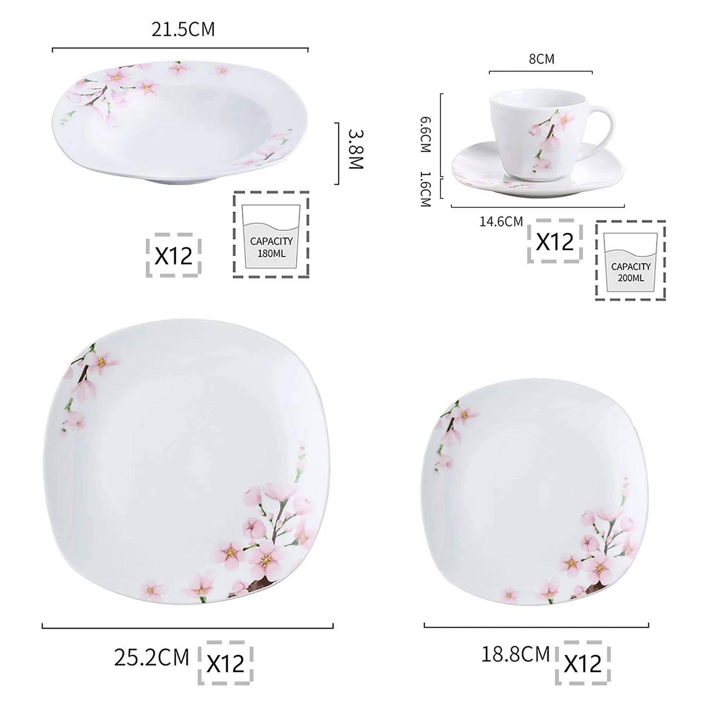 60-Piece White Ceramic Floral Porcelain Plate Set
