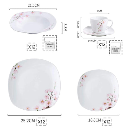 60-Piece White Ceramic Floral Porcelain Plate Set
