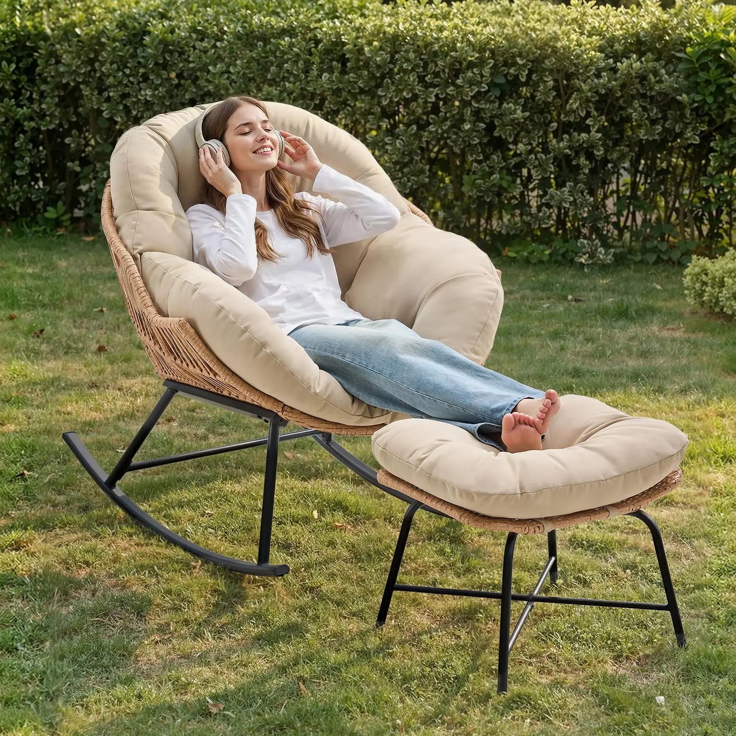 Oversized Wicker Rattan Egg Patio Chair with Ottoman
