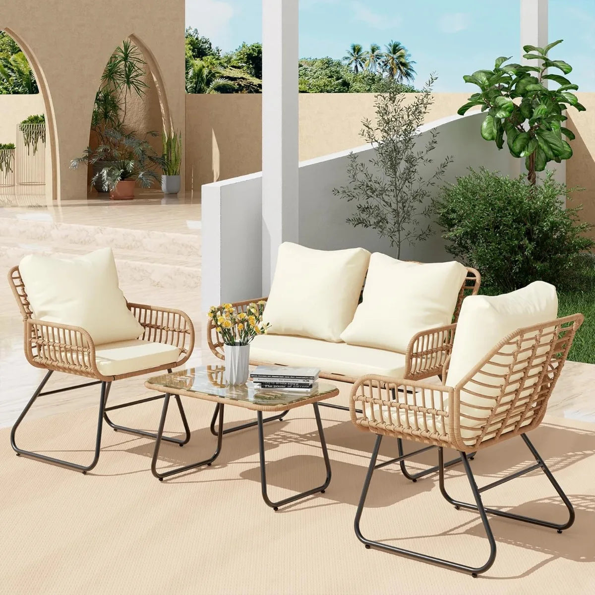 4-Piece Wicker Outdoor Patio Furniture Set with Cushions