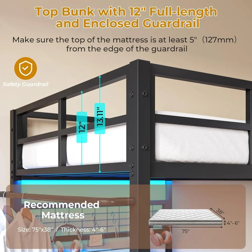 L-Shaped Metal Bunk Bed with Led Lights & Storage Shelves and Drawers