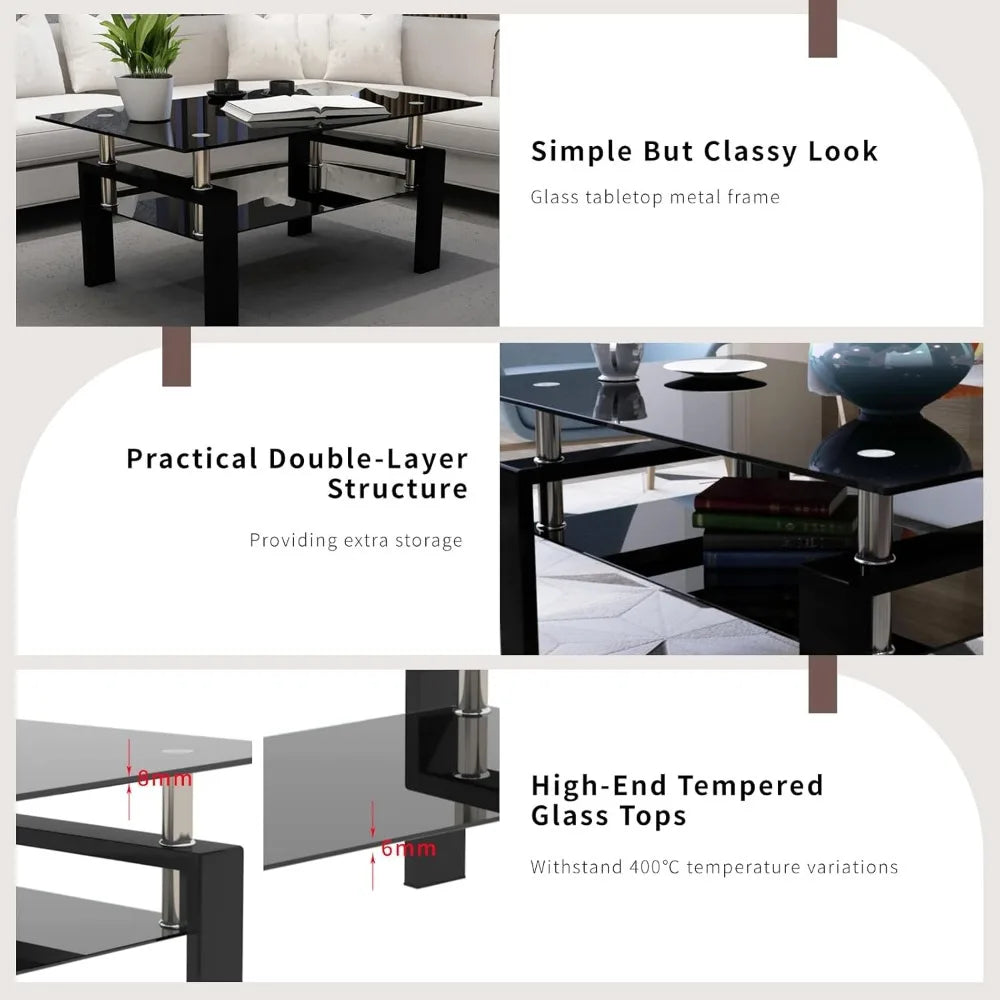 3 Piece Black Glass Coffee Table Set