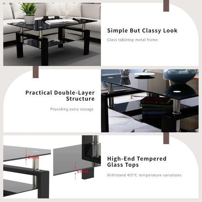 3 Piece Black Glass Coffee Table Set