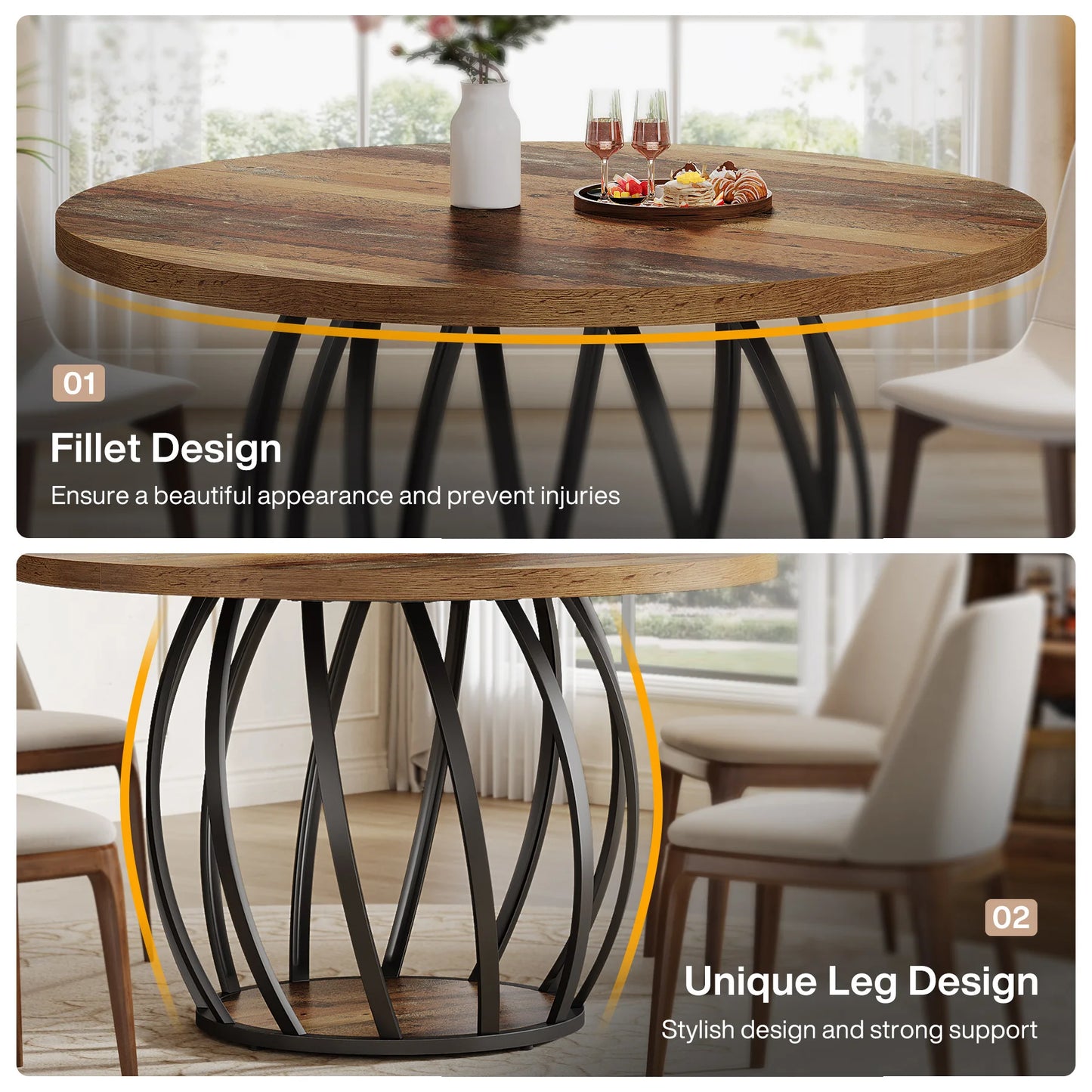 46-Inch Wood Kitchen Table with Sturdy Metal Base