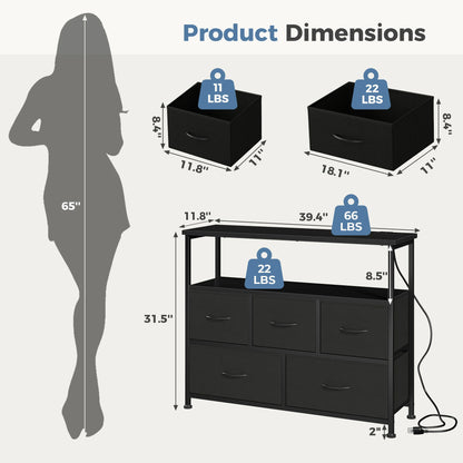 TV Stand with 5 Fabric Dresser with Charging Station