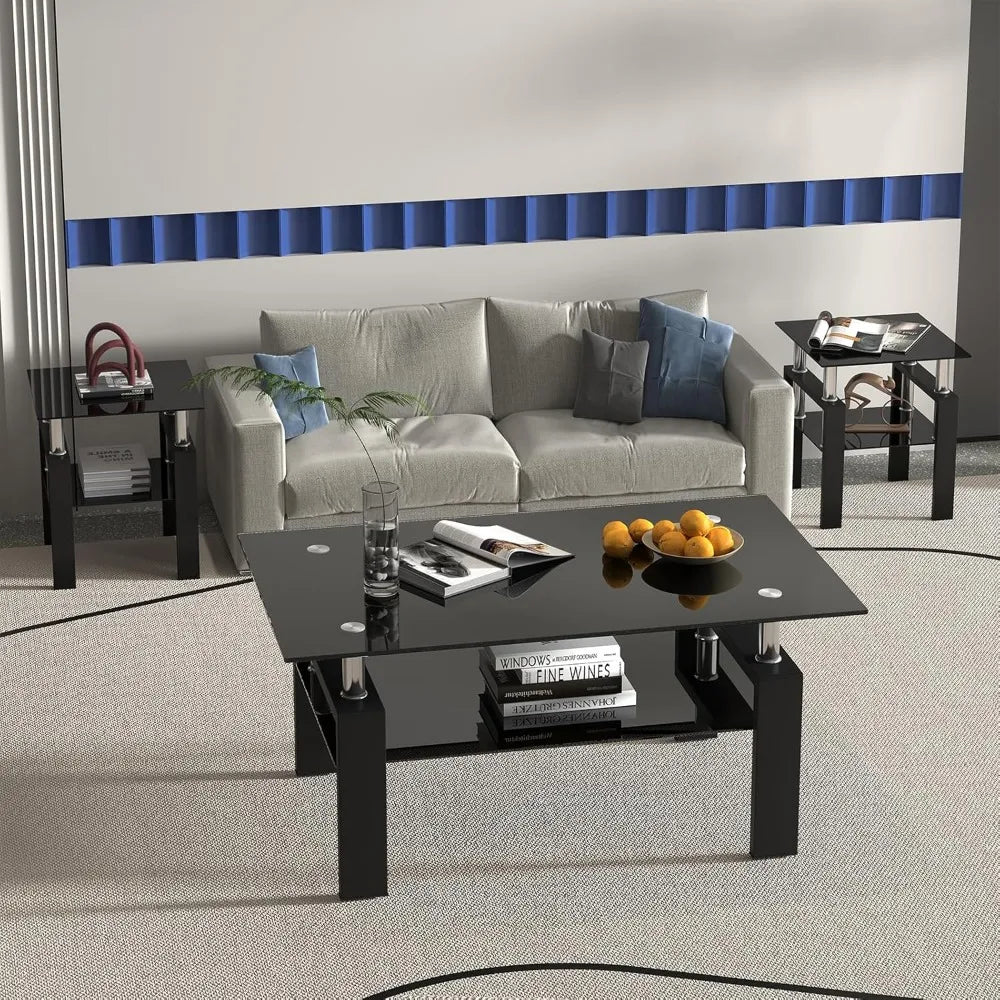 3 Piece Black Glass Coffee Table Set