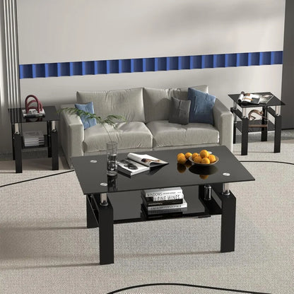 3 Piece Black Glass Coffee Table Set