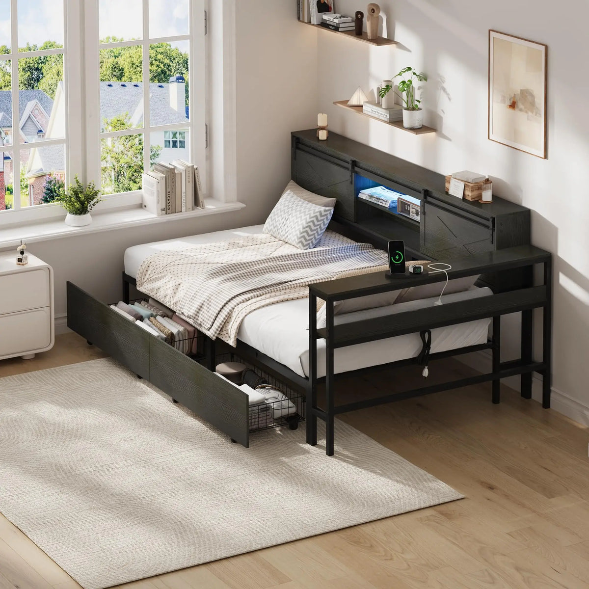 Twin Corner Bed Frame With Charging Station