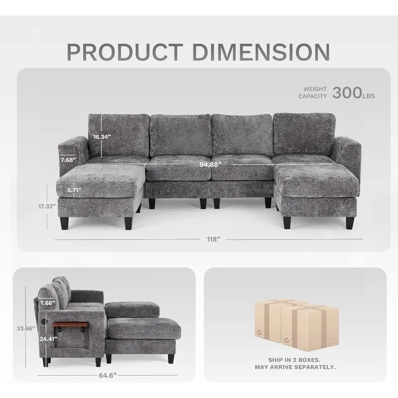 118" U-Shaped Sectional Couch with 2 Ottomans