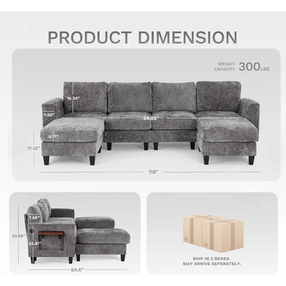 118" U-Shaped Sectional Couch with 2 Ottomans